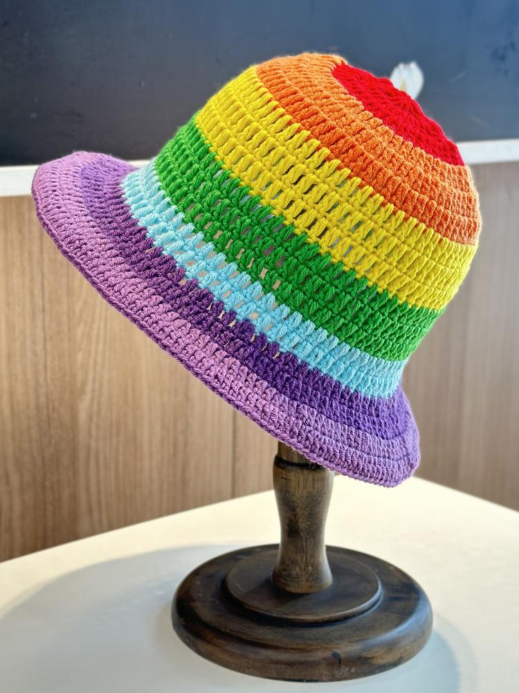 New Rainbow Striped Fisherman Hat Women Japanese Knitted Wool Bucket Hat Autumn And Winter Warm Windproof Basin Hat