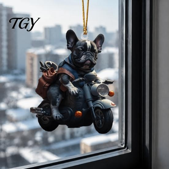Christmas Party Hanging Decoration Puppy Riding Motorcycle Car Pendant, 2D Flat Acrylic Rearview Holiday Gift for Dog Lovers Mirror Charm,