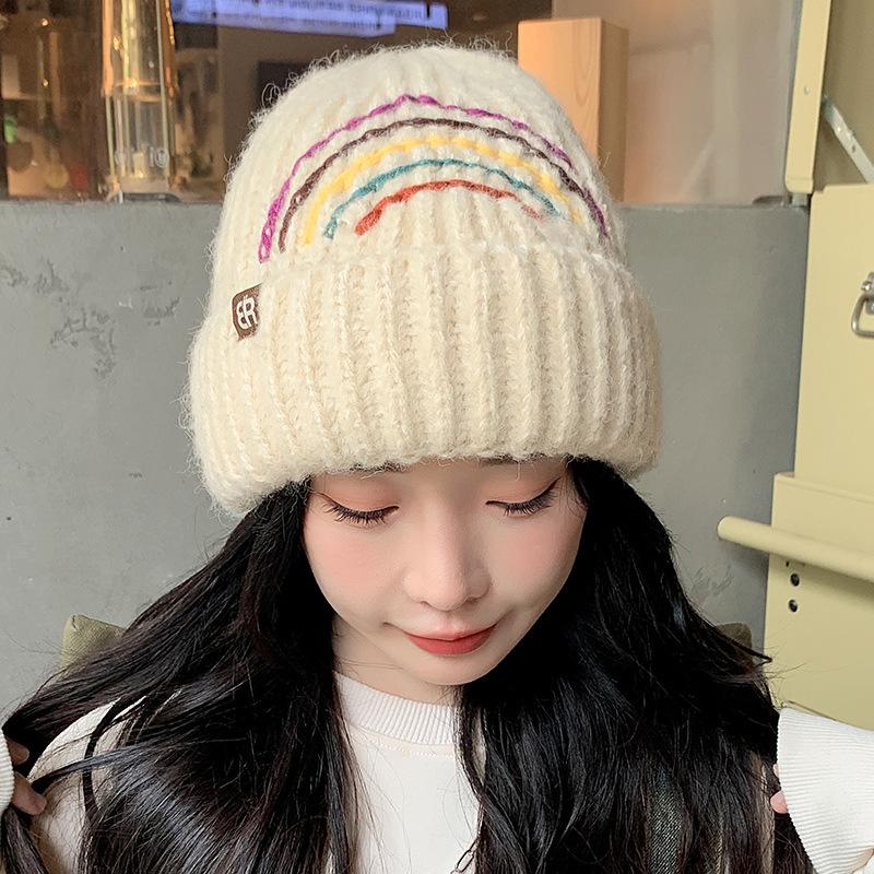 Woolen Hat for Women Warm and Versatile Rainbow Knitted Hat for Students  Outdoor Cold Proof Pullover Hat  Ear Protection Cold Hat for Men