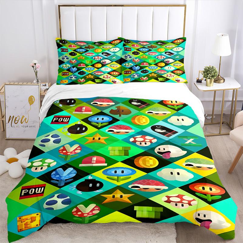 3pcs bedding set Mario Includes 1 Comforter + 2 Pillowcases, Without Pillow Inserts, Soft Comfortable, Lightweight Breathable, Printed Home