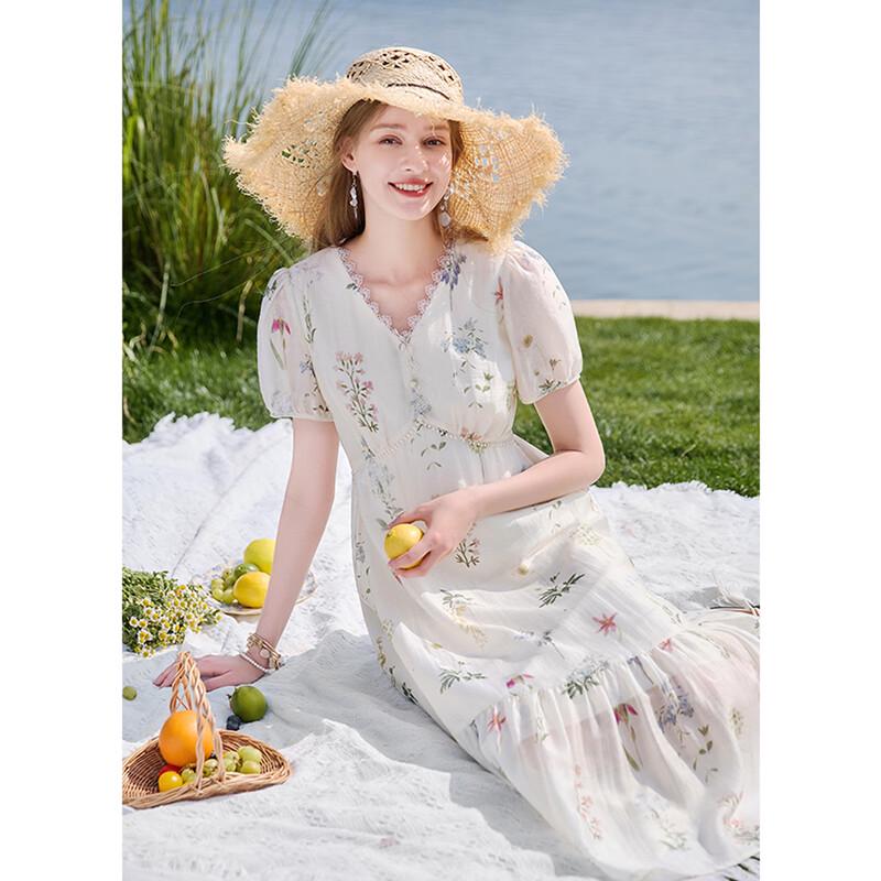 Women's French Style Floral Linen Blend Midi Dress