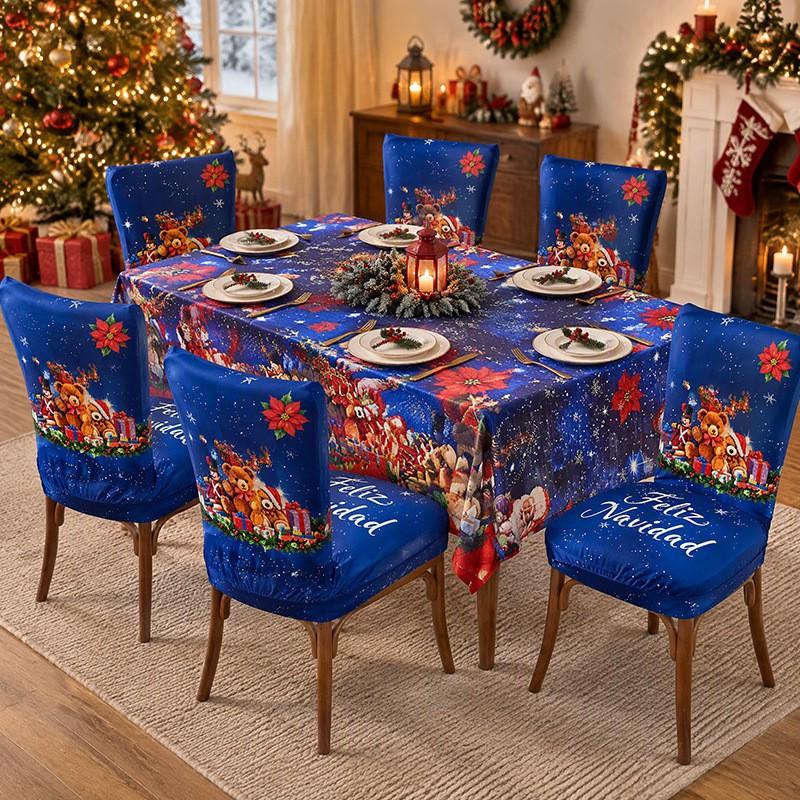 Christmas Chair Cover Tablecloth Set Stretch Santa Print Holiday Dinner Party Decor
