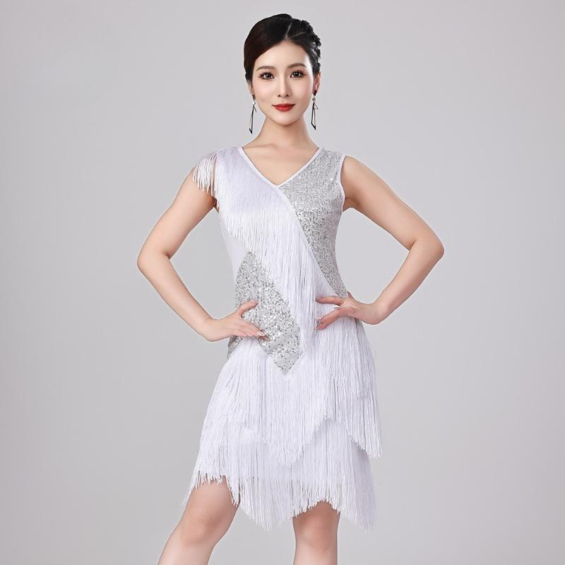 Latin Dance Sequins Tassel Dress for Women Tango Rumba Samba Performance Dresses Adults Latin Competition Party Ball Clothing