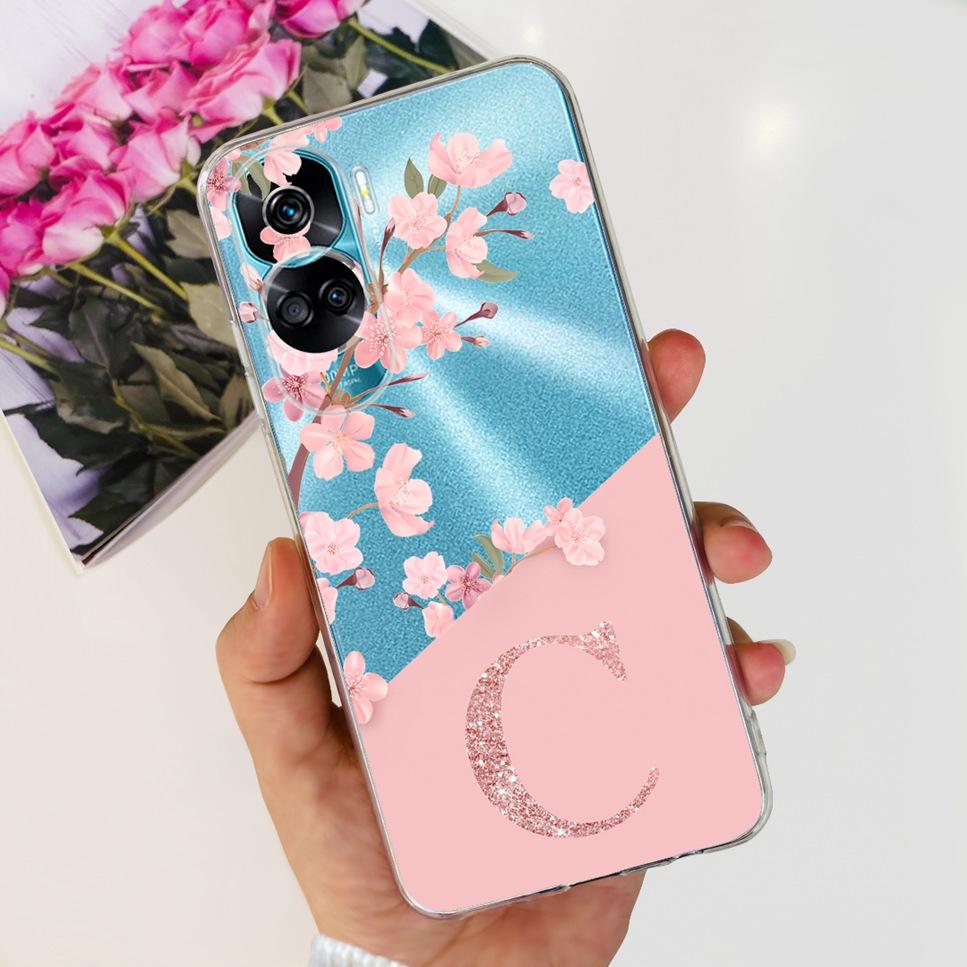

For Honor 90 Lite Case CRT-NX1 Clear Silicone Luxury Flowers Fashion Letters Soft TPU Bumper For Honor 90Lite Phone Cover Funda Honor 90 Lite