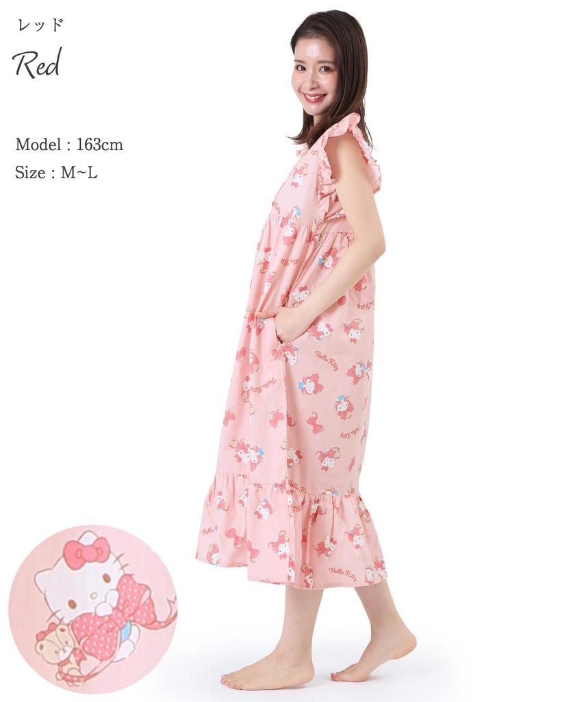 SAZAC Hello Kitty One-Piece Nightgown, Broadcloth, 100% Cotton, Women's, Button-Front Pajamas, Loungewear, Ribbon Design (Red/M-L/SAN1800)