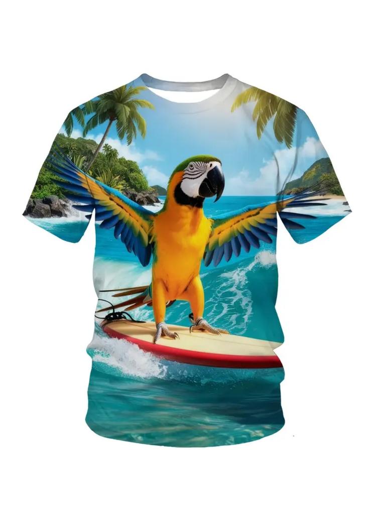 Kids' Tropical Macaw Parrots Beach Print Short Sleeve T-Shirt Summer Animal Graphic Tee
