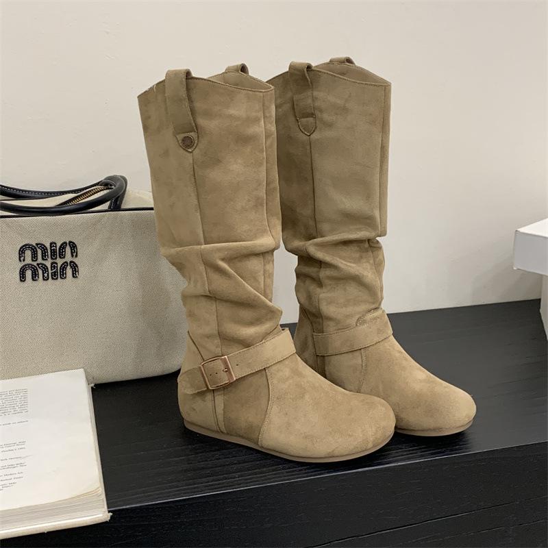 Mi Ting Inner Height-increasing Flat-bottomed Birkenstock Boots Women's Autumn and Winter Retro Belt Buckle Frosted Suede Stacked High Boots