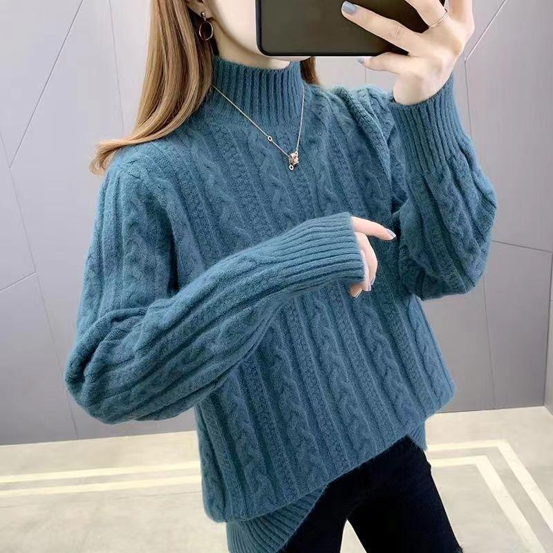 

Осенне-зимний стиль, длинный рукав, полувысокий ворот, свитер, женский корейский вариант, однотонный свитер с кручеными жареными нитями из теста, топ 3XL синий