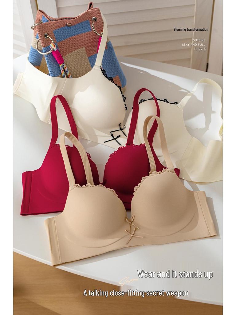 Red Series Seamless Push-Up Bra Set for Women - Side Support, No Underwire, Sexy Thin Hollow Out Design
