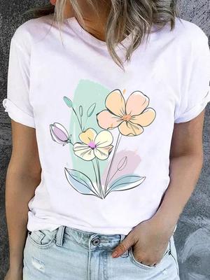(Asian Size) Lovely Flower Style Casual Short Sleeve T Tee Top Clothing Shirt Women Printed Lady Fashion Female Graphic T-shirts