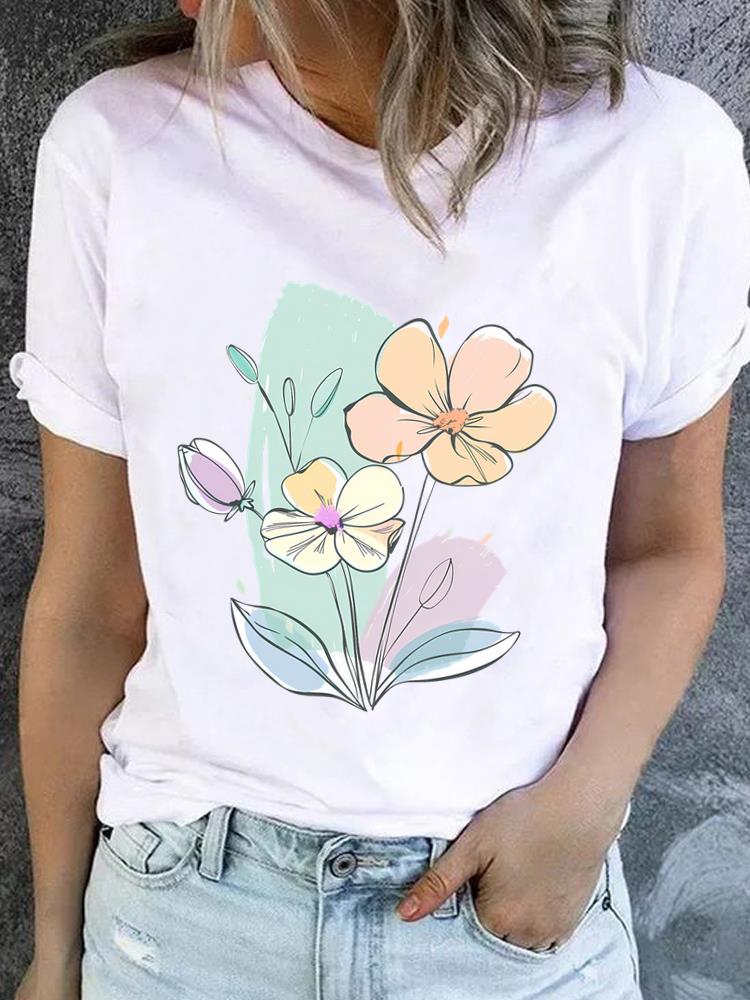 (Asian Size) Lovely Flower Style Casual Short Sleeve T Tee Top Clothing Shirt Women Printed Lady Fashion Female Graphic T-shirts