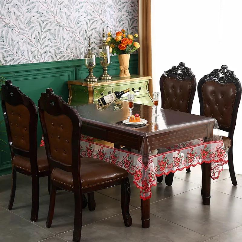 Waterproof Table Cloth PVC Transparent Soft Dining TableCloth Lace Embroidered Oil-proof Table Cover Coffee Table Crystal Plate