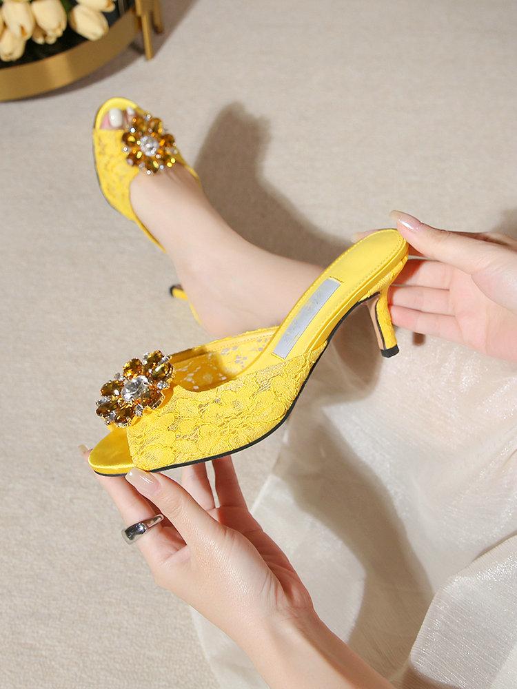 Fashion Women'S Summer Rhinestone Lace Round-Toe High Heels, Mesh Fabric Breathable Rhinestone Thin Heel Sandals