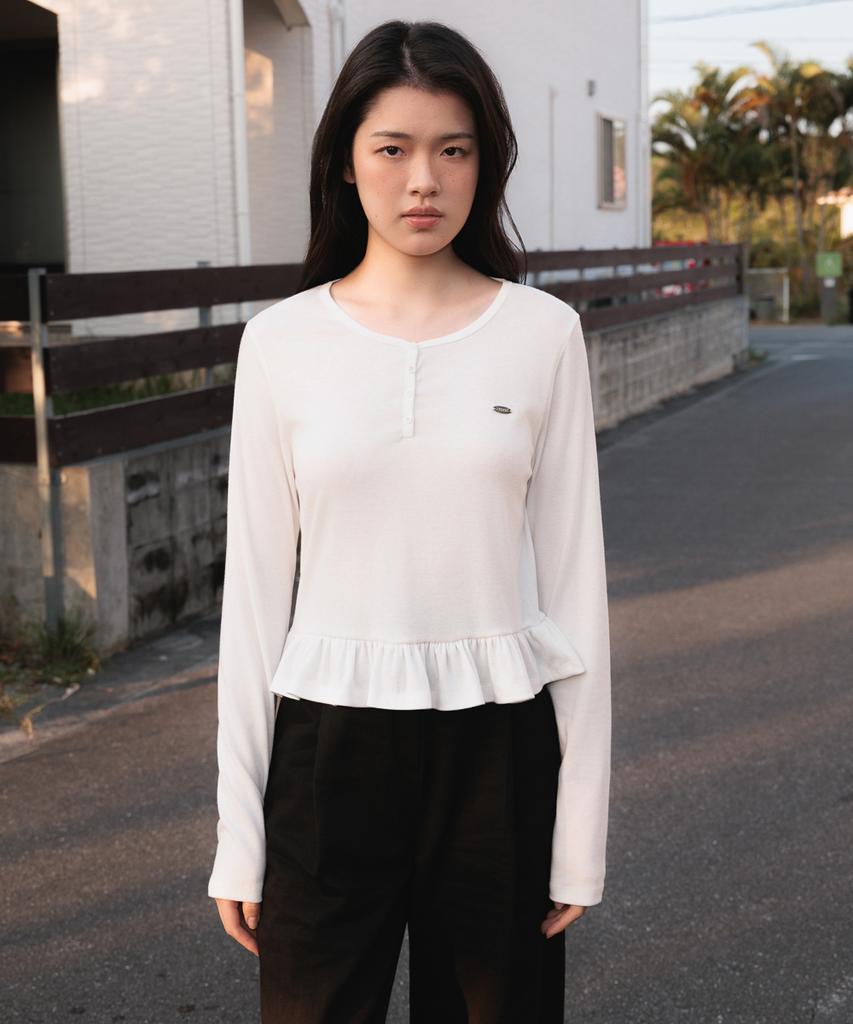 DEHEVE Frill Henley Neck Long Sleeve [Ivory]