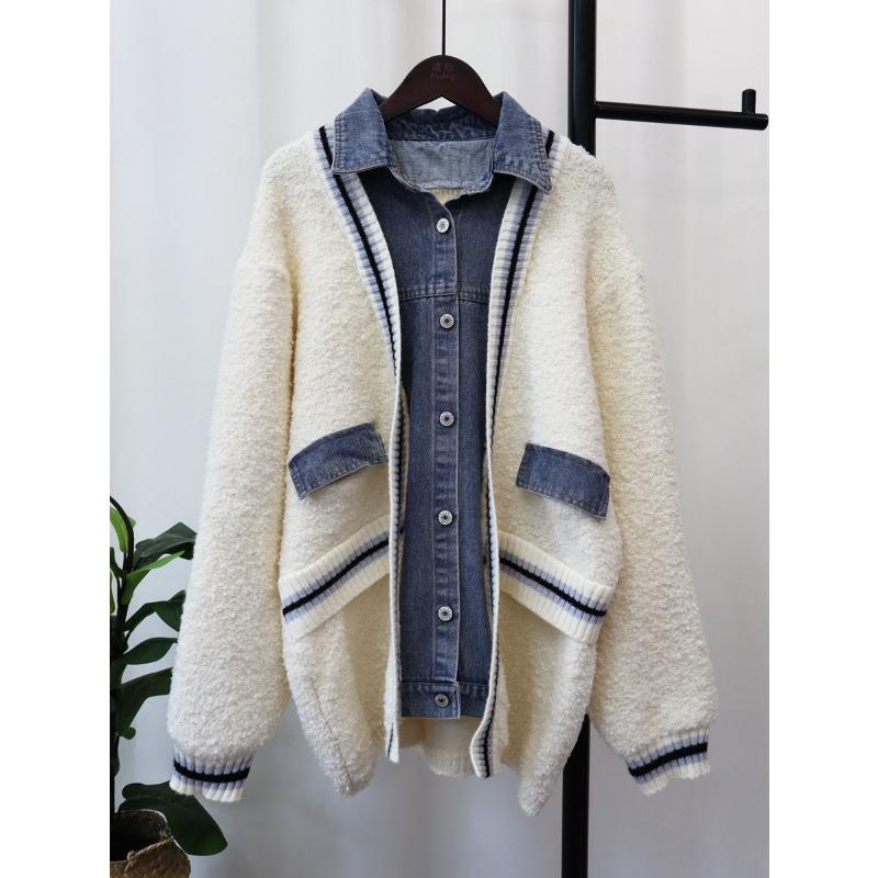 

2025 осень и зима новый корейский стиль свободный джинсовый свитшот-куртка с трикотажным кардиганом в стиле пэчворк, женский трикотажный кардиган с дизайном «два в одном», тренд one size fits all