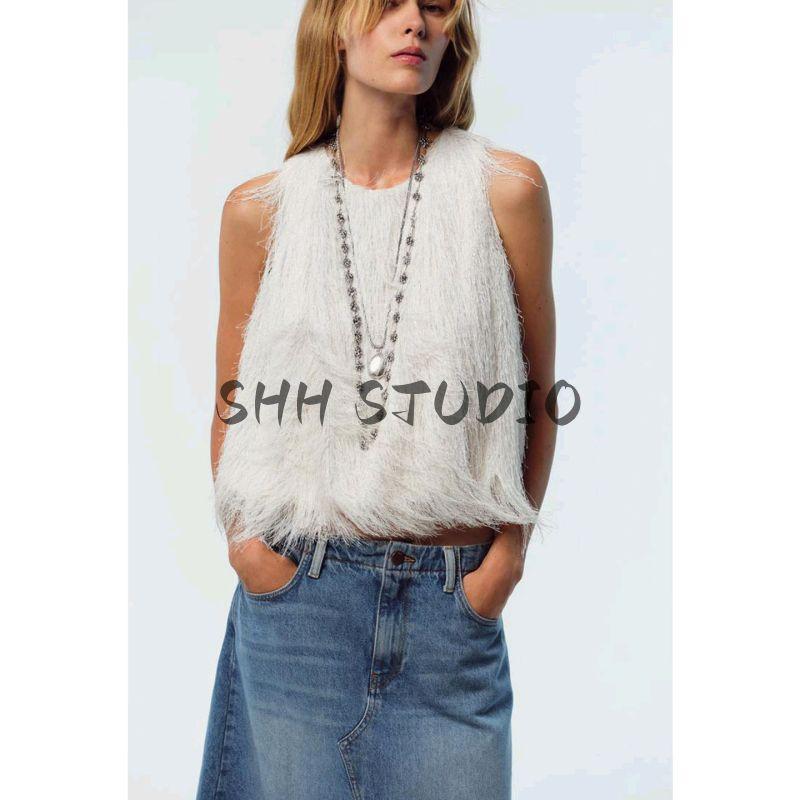 Summer New Product Women's Clothes French Style Design round Neck Decorated Tassel Short Sleeveless Sling Tops 8741056