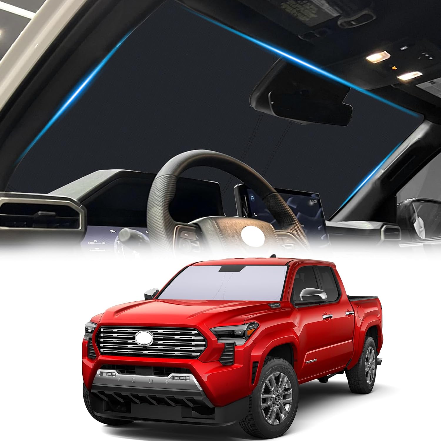 

Windshield Sun Shade for Toyota Tacoma 2016-2023, Custom Fit Foldable Front Window Sunshade Sun Visor Protector, Block UV Rays Keep Your Car Cooler Black&Silver-Fits 2024+ T