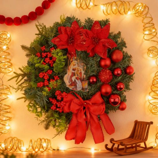 Christmas Wreath Front Door Xmas Garland with Bow Ribbon Berry Flower Decor Indoor Outdoor Winter Decoration