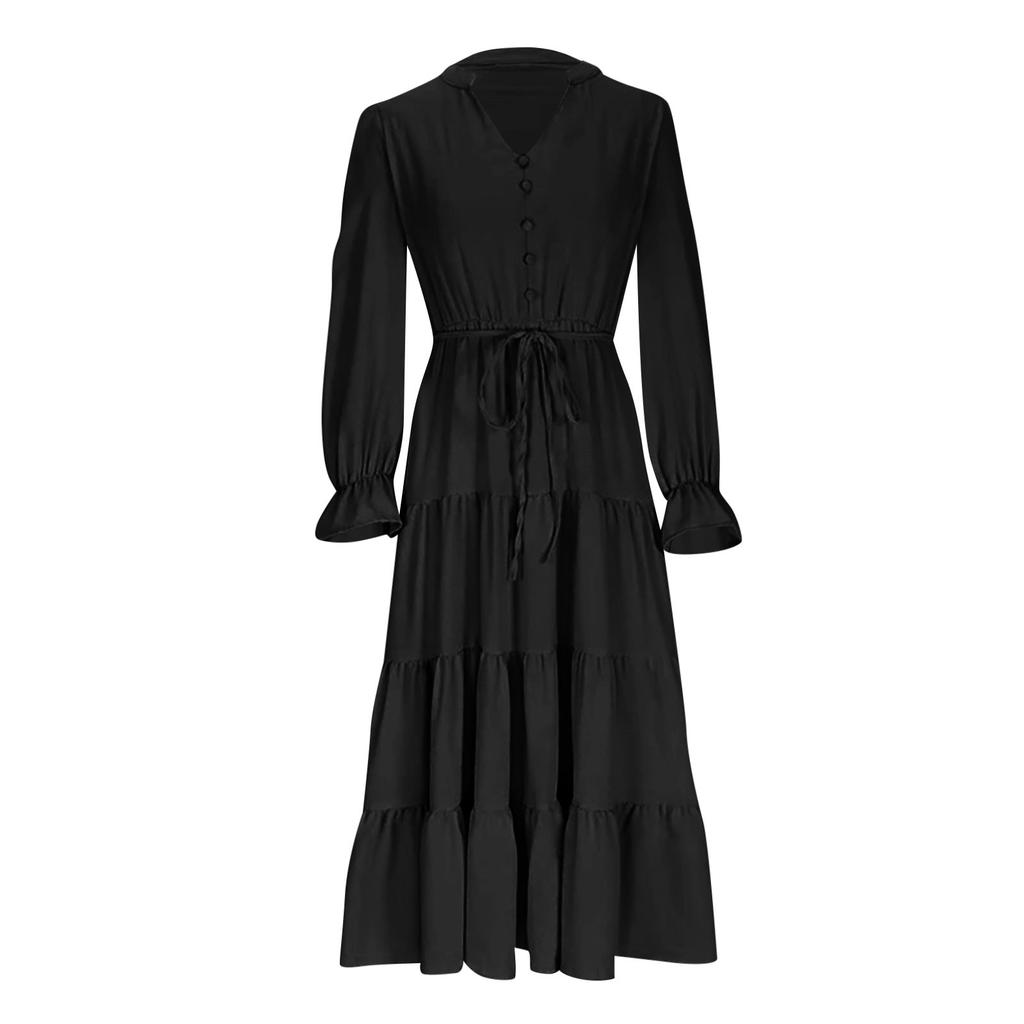 Women's Fashion Loose V-Neck Button High Waist Flowing Long Casual Dresses
