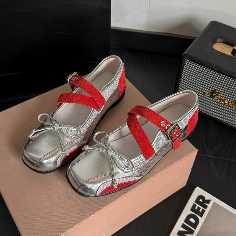

Retro bow ballet Mary Jane shoes women s summer 2025 new versatile light mouth flat shoes silver single shoes 40 красный