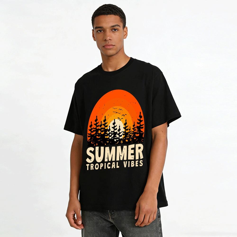 Vintage Sunset Forest Print Tee Summer Tropical Vibe Casual Top Pure cotton T-shirt