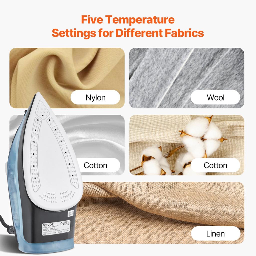 VEVOR Steam Iron, 1600W Iron for Clothes, Aluminum Alloy + PTFE Soleplate, Auto Shut-Off, Self-Cleaning, Four Temperature Settings, Quick Heating
