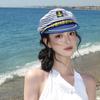 Women's Navy Blue Striped Wide Brim Sun Hat - Summer Beach Vacation Style, Sailor-Inspired Japanese Design