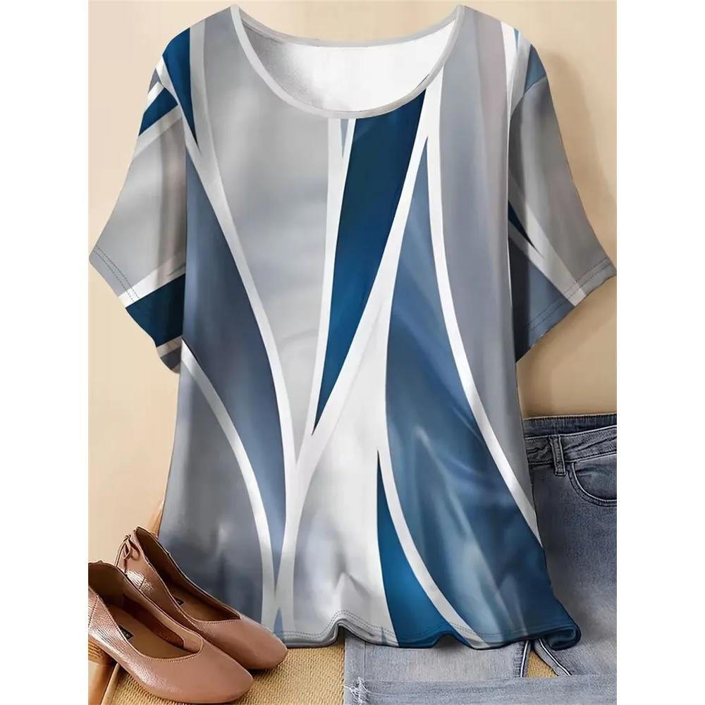 Women's Versatile Striped Printed Top Short Sleeve Casual Loose T-Shirts Women’s