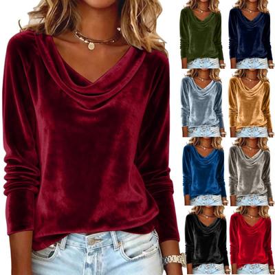 2025 Draped Neck Long Sleeve Velvet T-Shirt for Women