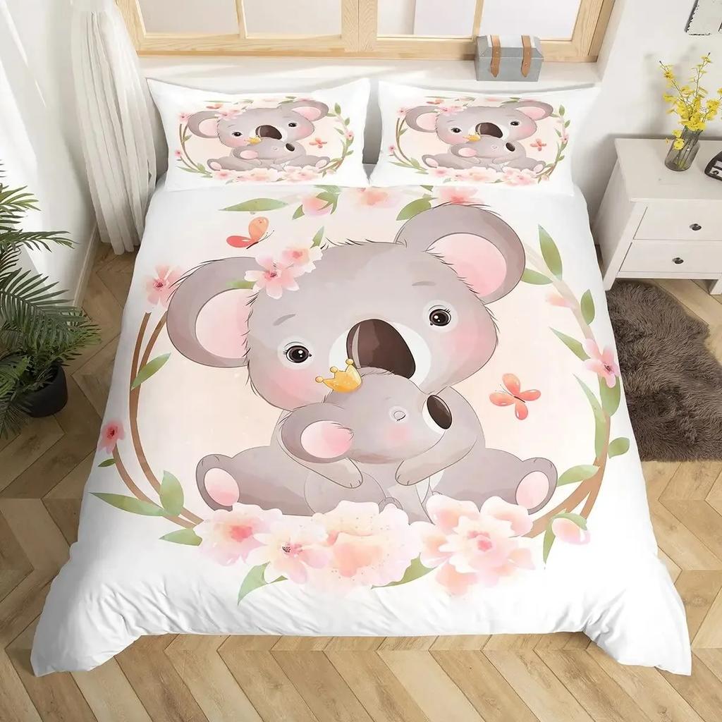 Koala Bettbezug Set Kinder Niedlicher Tierdruck Bettwäsche Set, Jungen Mädchen Regenbogen Schmetterling Bettdeckenbezug Floral Blumen Bettset