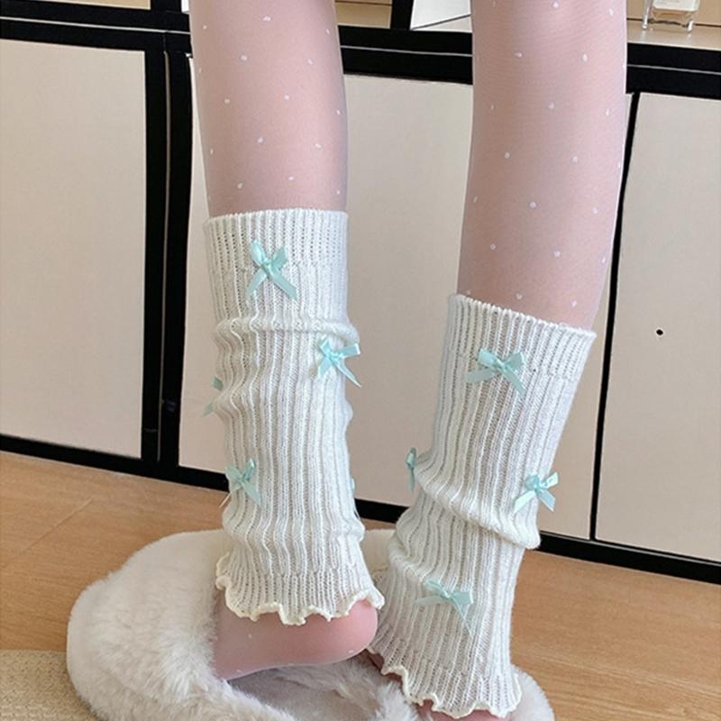 Sweet Girls Leg Warmers Women Ribbed Knit Striped Foot Cover Elegant Bowknot Ruffled Trim Boot Cuffs Footless Calf Socks