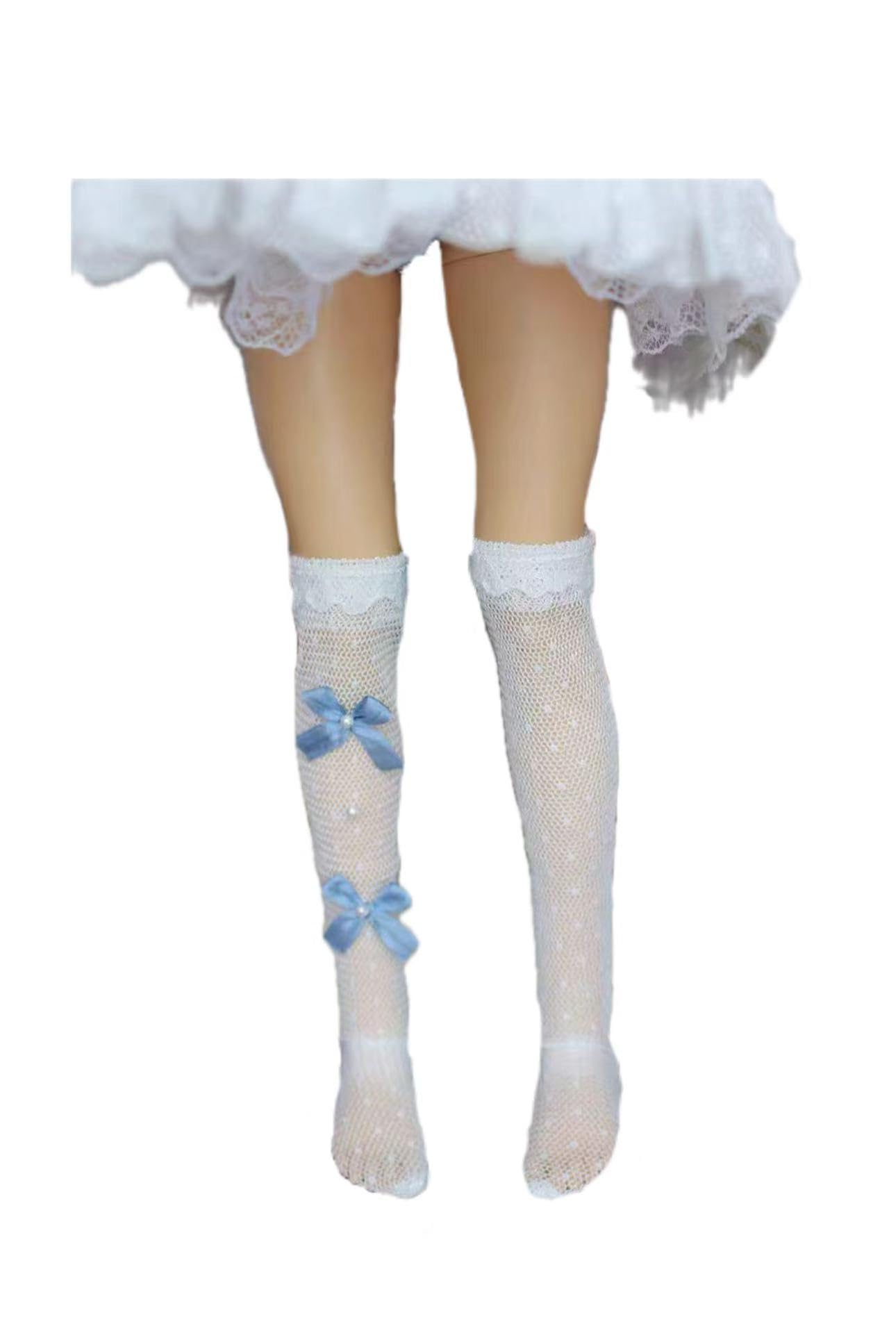

14 Doll Lace Socks, White Mesh, with Ribbon, Over-the-Knee Socks (Blue)