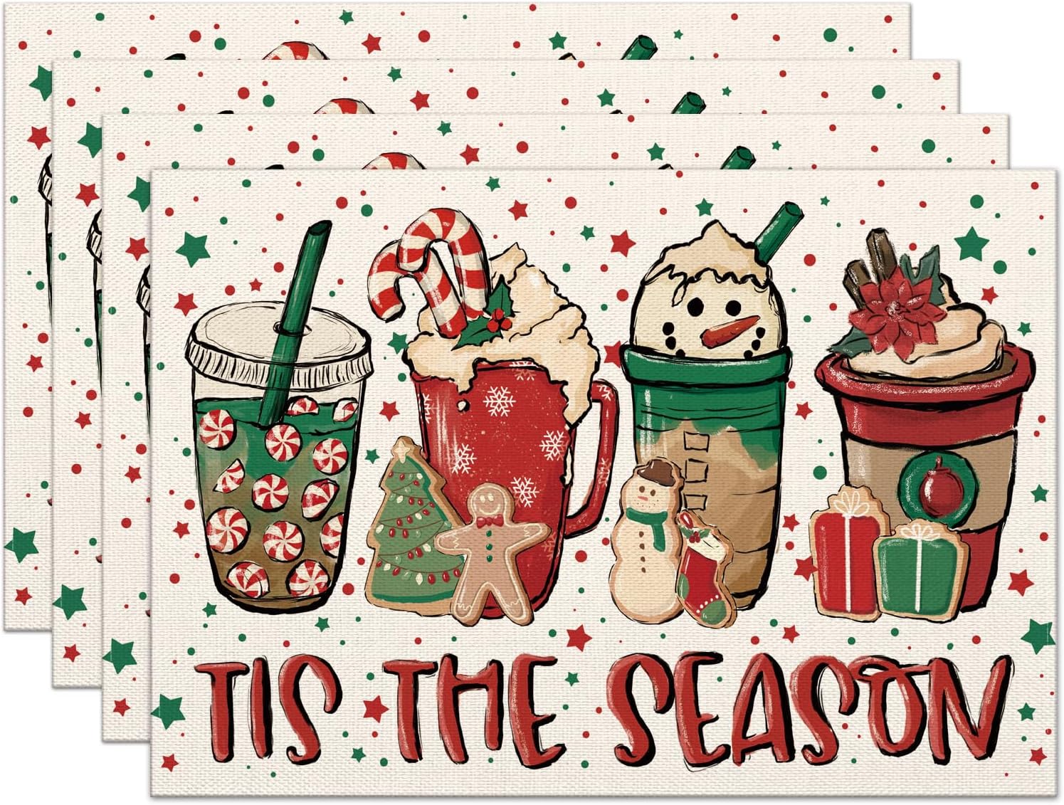 

Christmas Placemats 12x18 Inch Tis The Season Cute Xmas Drinks Table Mats Winter Holiday Decor for Home Kitchen Dining Party 4pcs