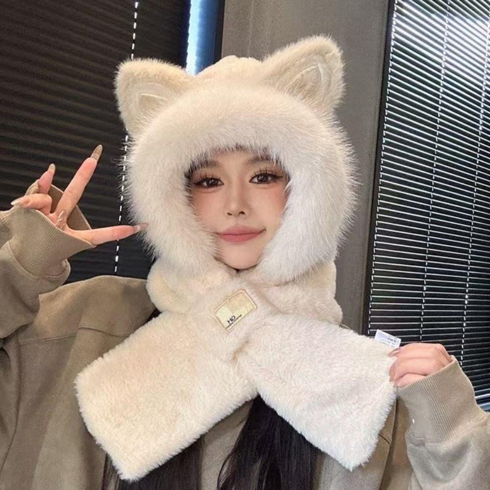 Windproof Hat Scarf Keep Warm Winter Plush Scarf Fox Ears Hooded Scarf for Women Autumn Winter