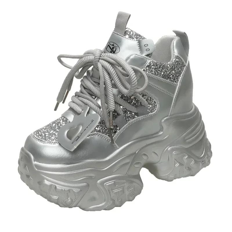 

Мода 7 см Женские Повседневные Кроссовки на Платформе Высокий Каблук Новые Весенние Спортивные Кожаные Туфли Блестящие Кроссовки Массивные Кроссовки Zapatos Mujer 40