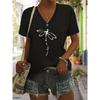 Summer V-neck 3D Dandelion Dragonfly Pattern Printed Top Fashionable Casual Short Sleeved Women's T-shirts