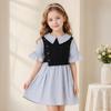 Children'S Clothing Short-Sleeved Blue Striped Dress Girls' Summer Style Waist-Cinched College-Style Shirt Dress