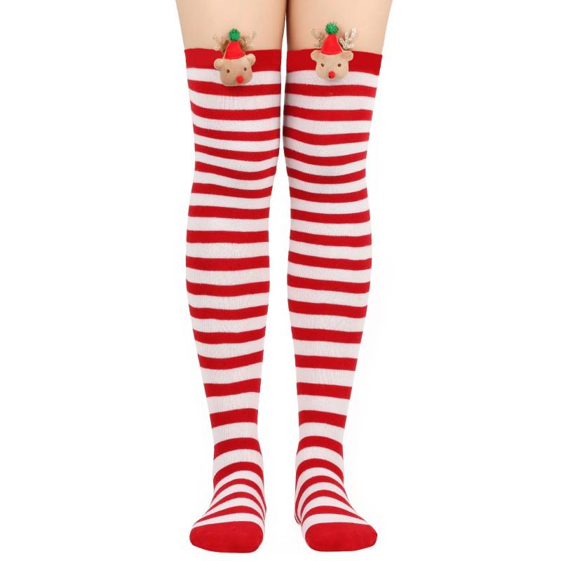 Womens Over Knee Socks Christmas Reindeer Striped Long Santa Claus Accessories