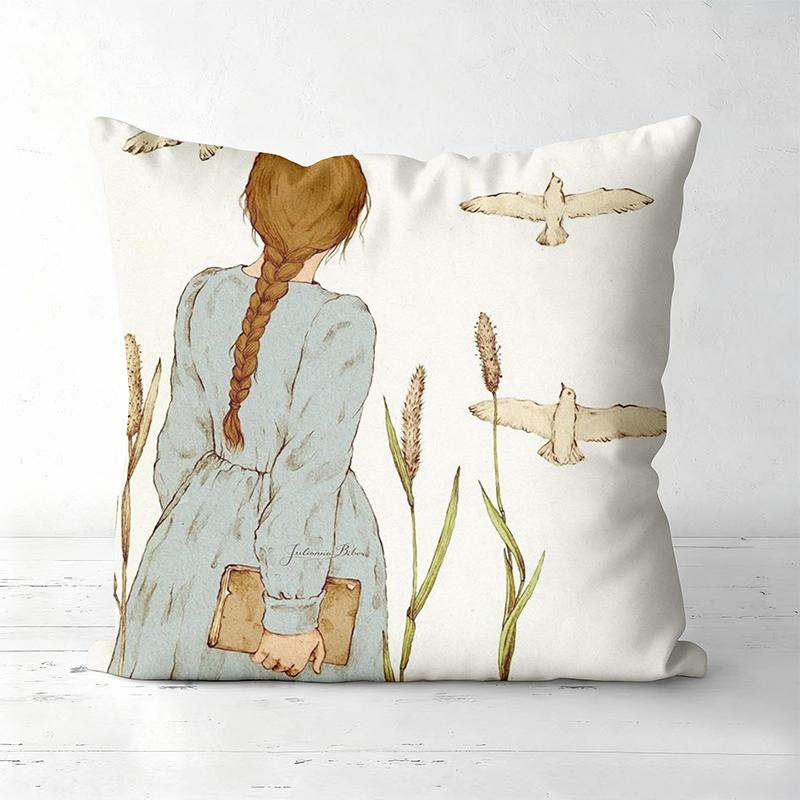 Girls Reading and With Birds Printed Decorative Cushions Polyester pillowcase, sofa decorative cushion cov Headboard Pillow