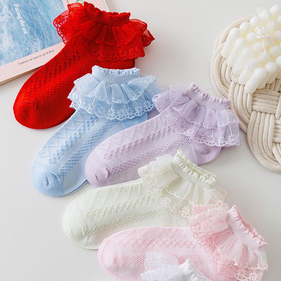 5 Pairs/Lot Girls Socks Summer New Mesh Cotton Thin Baby Socks Trendy Elastic White Lace Flowers Children Princess Socks