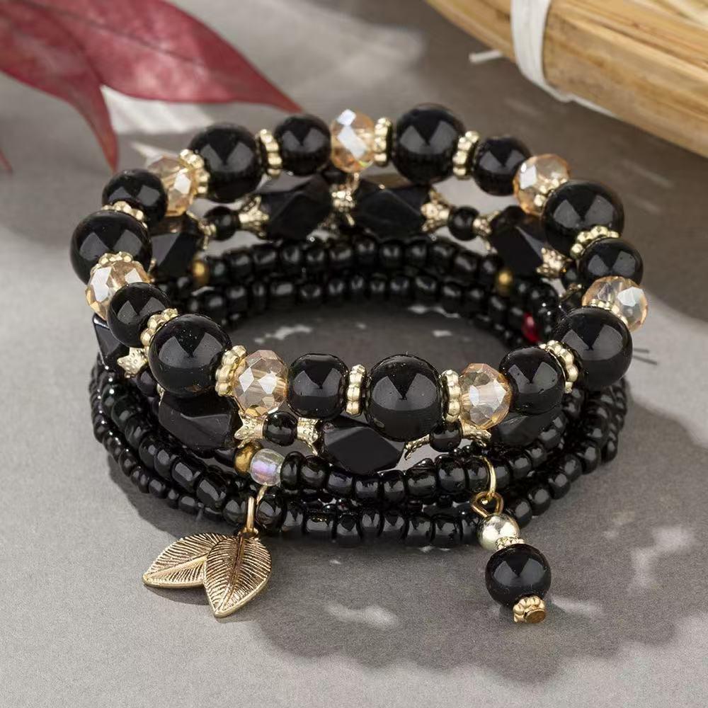 Bohemian Ethnic Layered Beaded Bracelet Set with Leaf Pendant