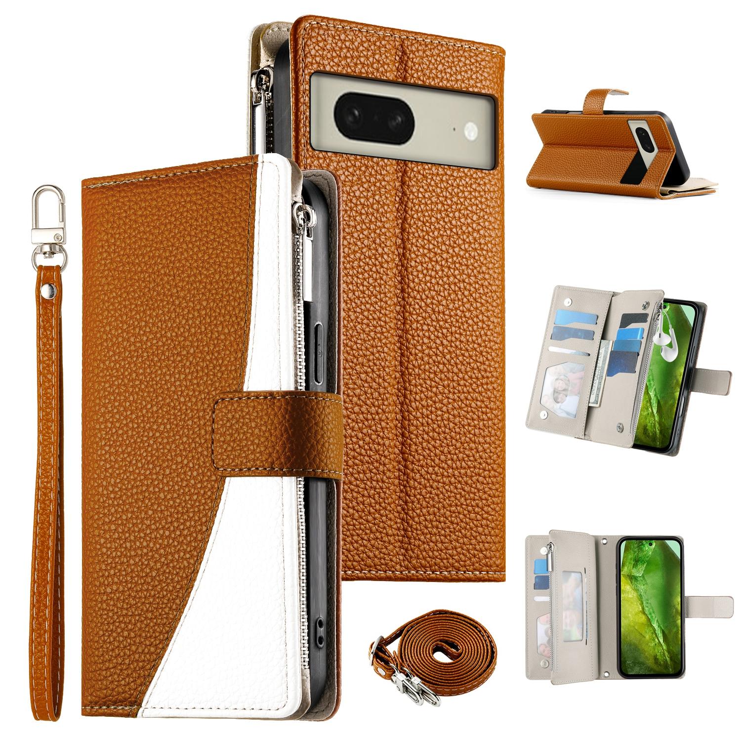 

For Google Pixel 8 Case Zipper Wallet Color Splicing Leather Flip Phone Cover with Straps Brown