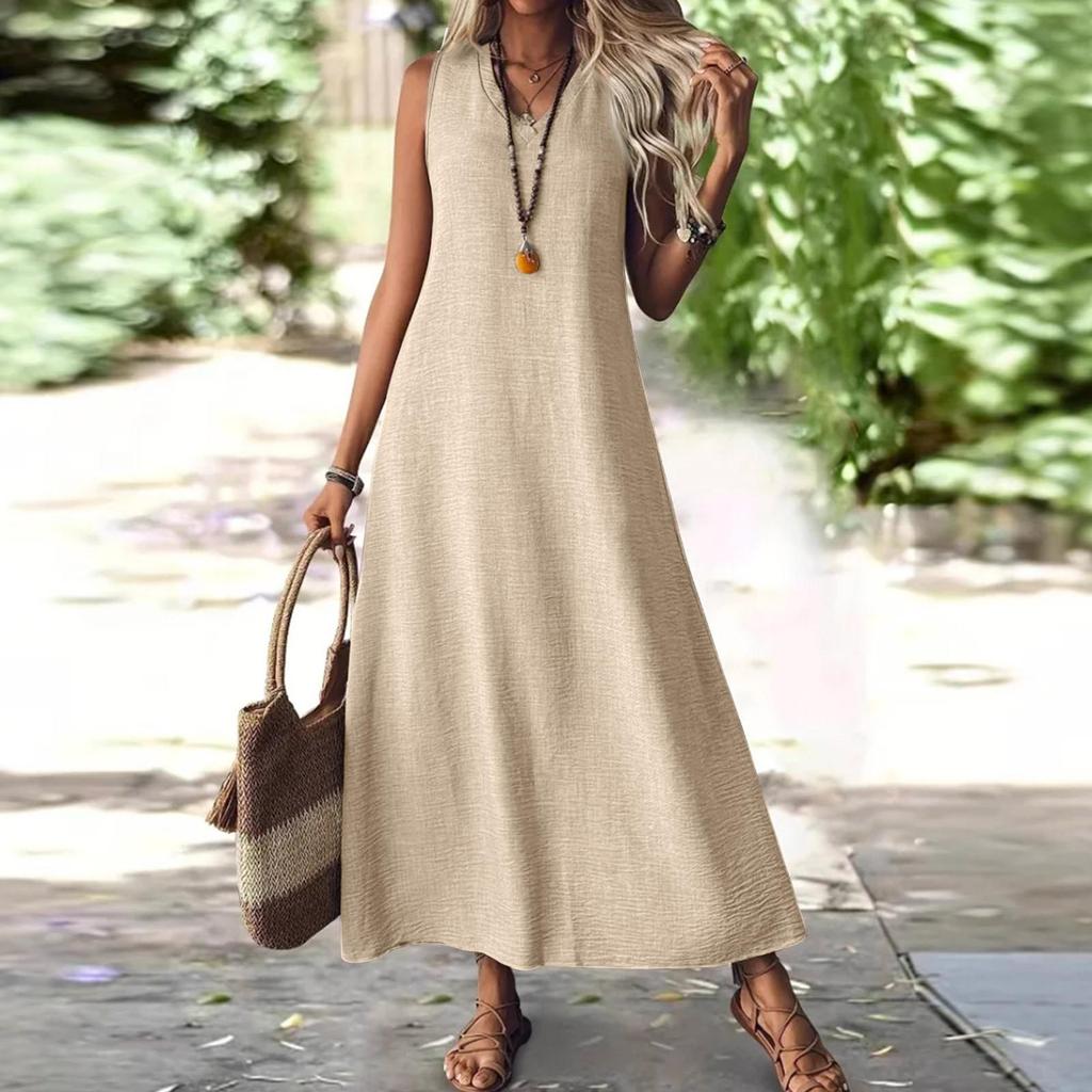 Women's Fashion V-Neck Sleeveless Colour Zip Casual Holiday Long Cotton Linen Dresses