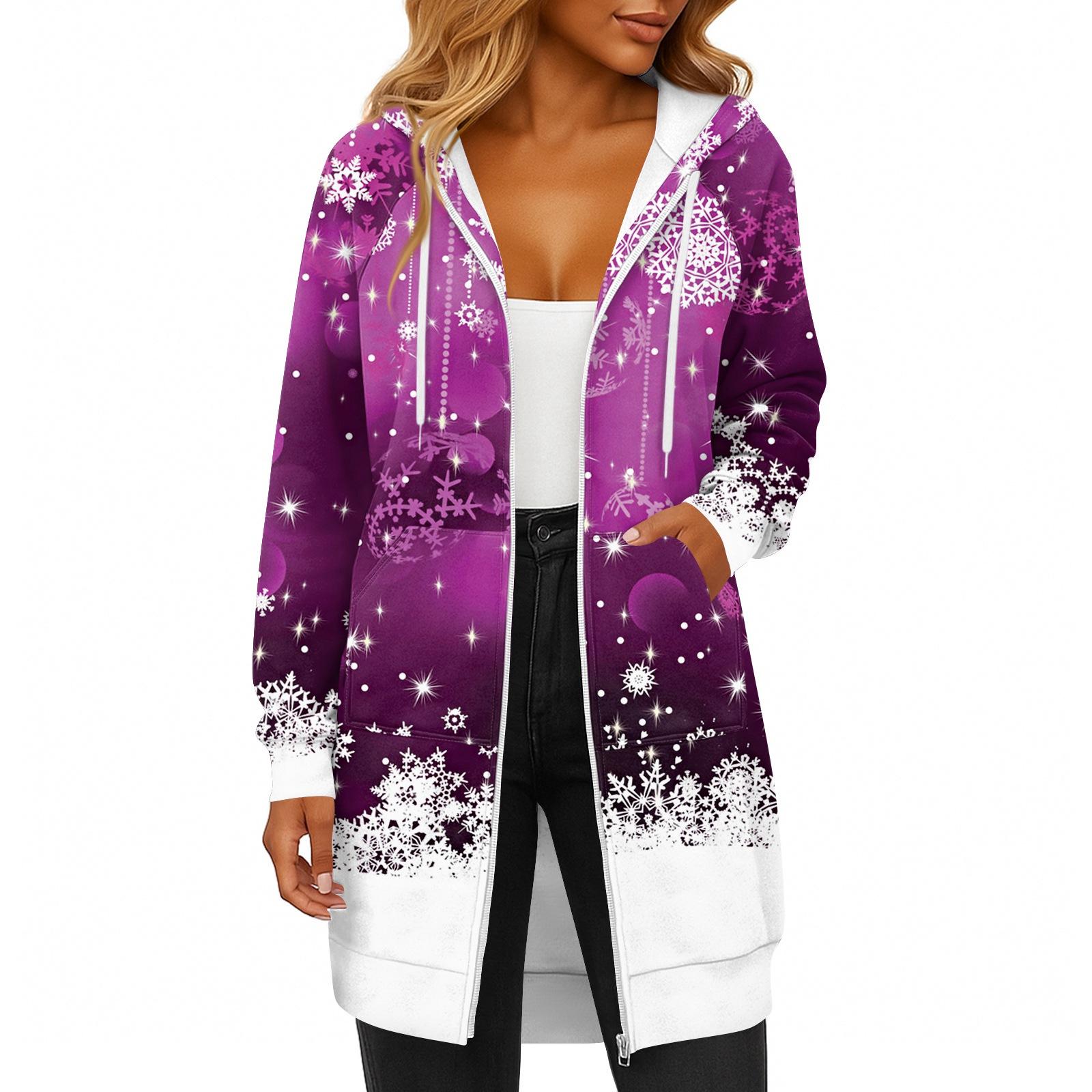 

Женская модная рождественская толстовка с длинными рукавами, капюшоном на кулиске, карманом на молнии, длинная, повседневная M фиолетовый