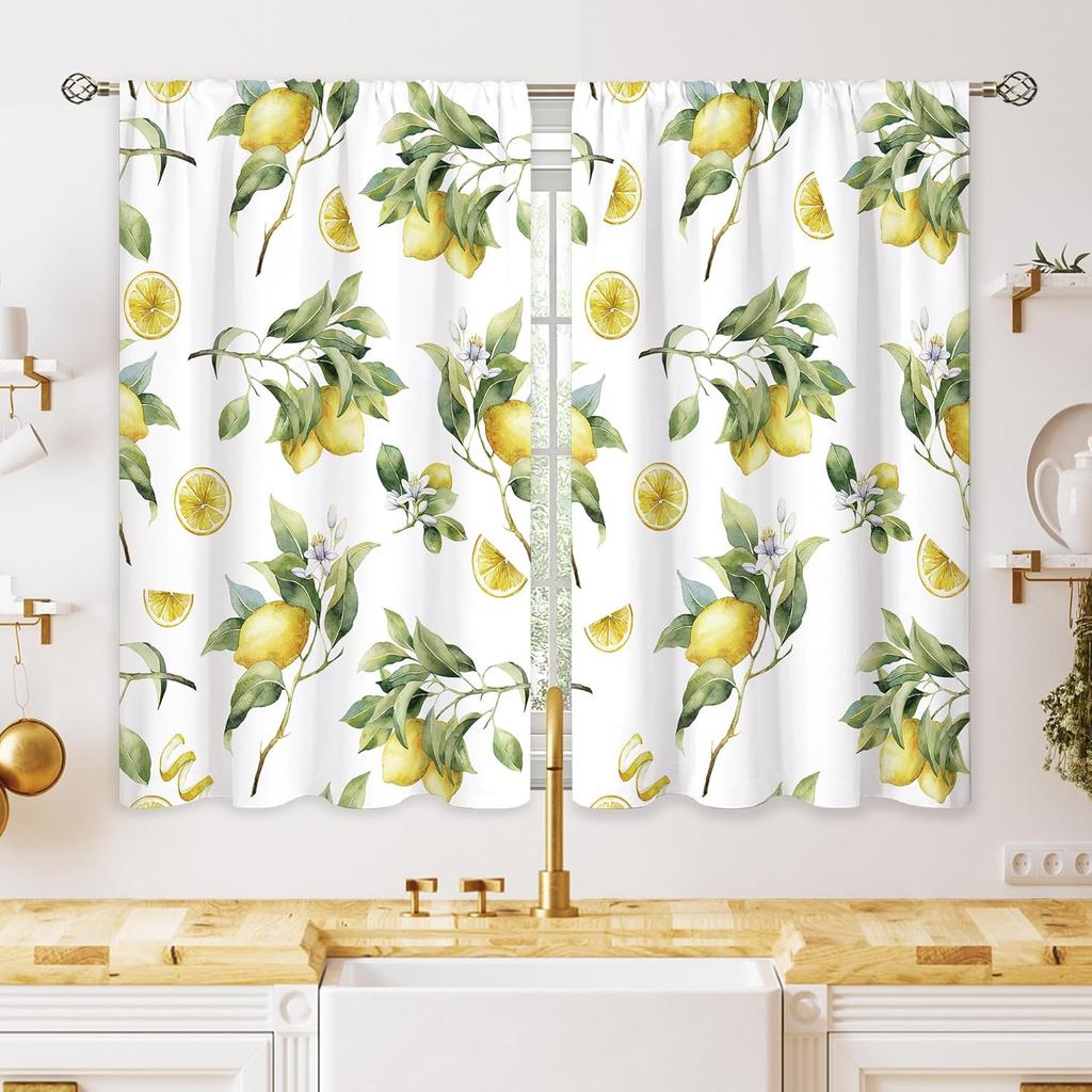 Green Boho Flower Small Kitchen Curtains Flower Plant Window Treatment Botanical Herb Chic Rod Pocket Cafe Short Window Curtains
