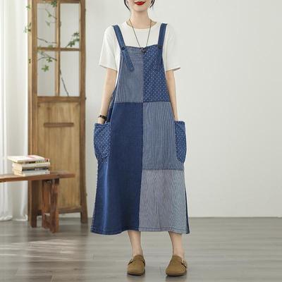 Abito estivo lungo casual ampio senza maniche con bretelle taglia forte denim patchwork vintage nuovo arrivo abiti da donna