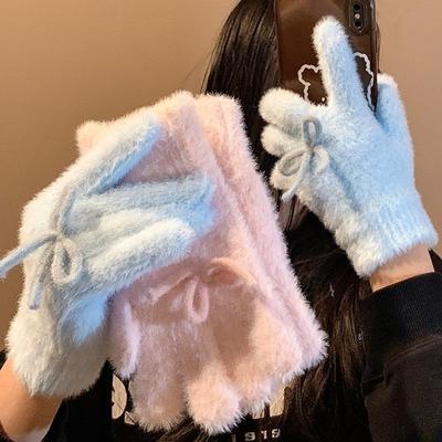 Plush Knitted Gloves for Women, Cute In Autumn and Winter, Blue Bow, Plush, Warm and Cold-proof, Furry Fingers