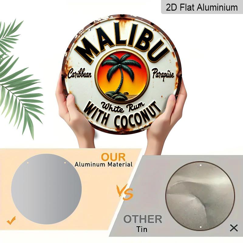 [Segno Rum Tropicale] Piatto 2D, 1 pz Segno da Parete in Metallo Rum & Cocco Tropicale Caraibico - Rotondo Alluminio Durevole Arte da Spiaggia con Palme & Pappagallo per Bar