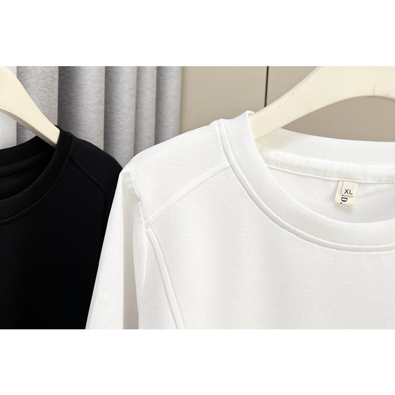 Plus Size Women Long Sleeve Top Pleated Cuff Crew Neck Casual