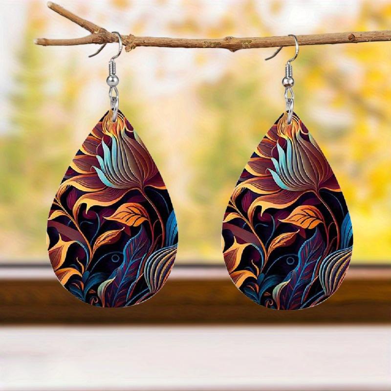 Fashion Color PU Faux Leather Earrings for Women Double-sided Print Abstract Flower Leather Pattern Tears Earrings Elegant Trendy Earrings Jewelry